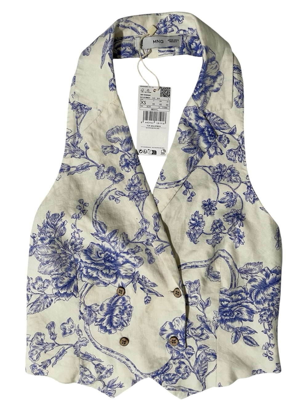 MANGO Floral Toile de Jouy Blue & Ivory Halter Tailored Waistcoat Vest XS - Picture 3 of 12